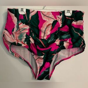 Torrid Womens Highwaisted Full Coverage Bikini Swim Bottom 3 Pink Green Palm